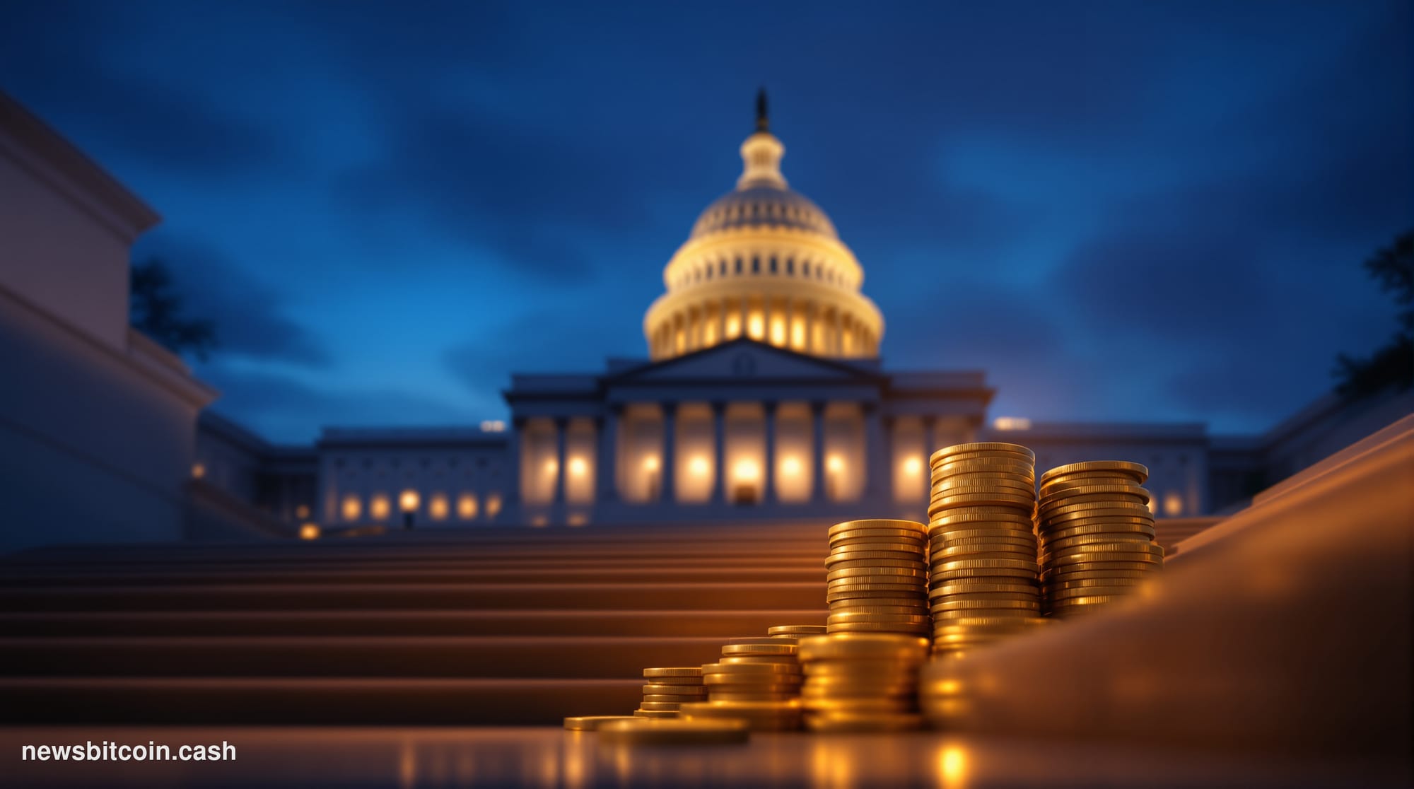 Cinematic photorealistic editorial photograph of the United States Senate chamber exterior at dusk, the Capitol building's ne