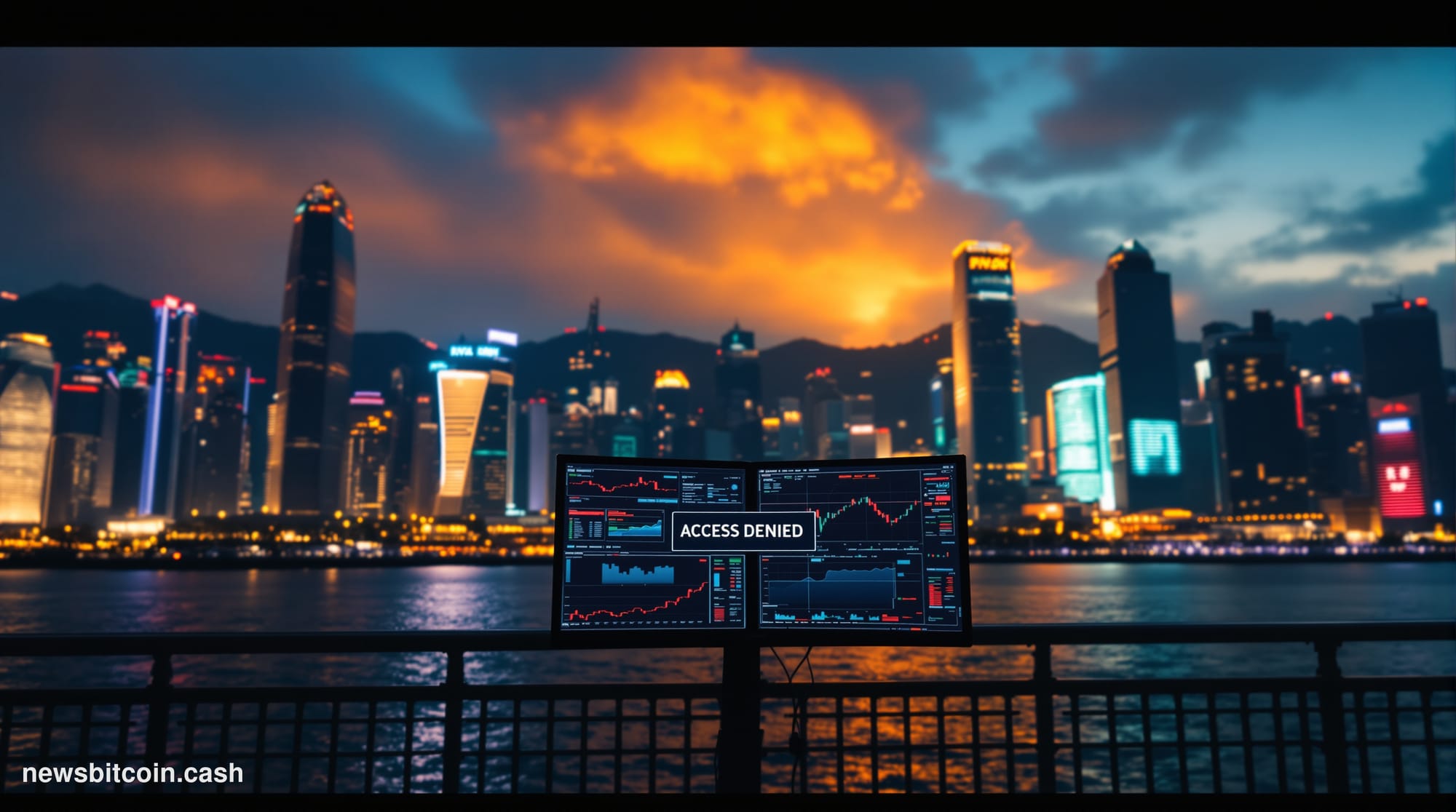 Cinematic photorealistic editorial photograph of Hong Kong's iconic skyline at dusk, shot from Tsim Sha Tsui waterfront looki