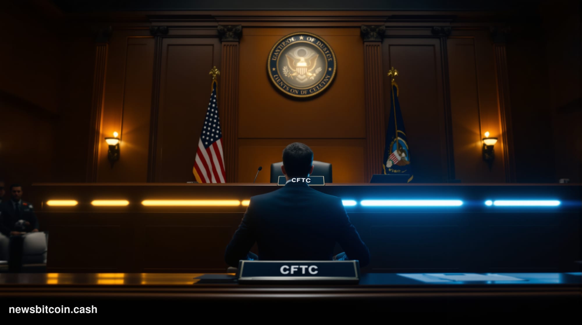 Cinematic photorealistic editorial photograph set inside a dramatic Washington D.C. hearing room, with wood-paneled walls and