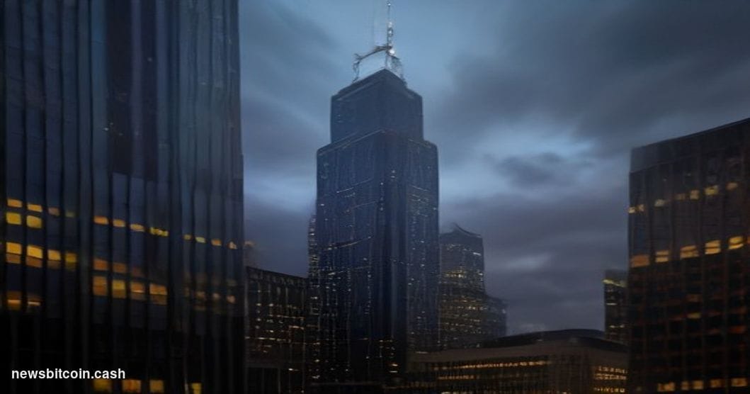 Cinematic photorealistic editorial photograph of the CME Group headquarters in Chicago, Illinois — the iconic glass and steel