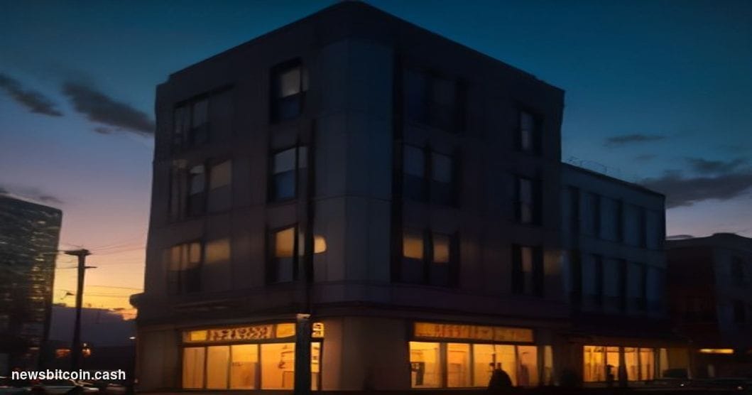 Cinematic photorealistic editorial photograph of the Coinbase San Francisco office exterior at dusk, the building facade lit 