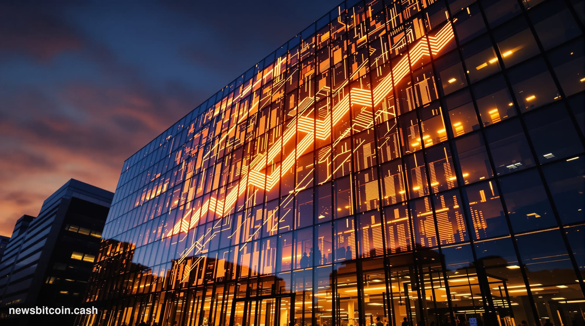 Cinematic photorealistic editorial photograph of the Coinbase headquarters building exterior in San Francisco, shot from a lo