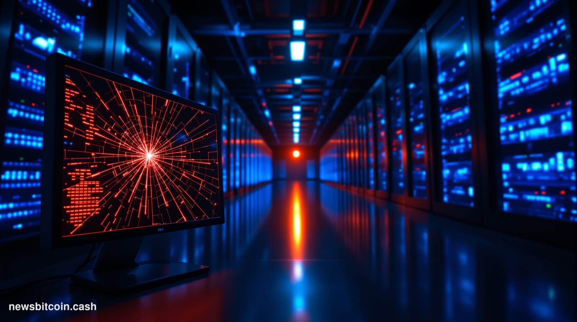 A cinematic photorealistic editorial photograph set in a dimly lit server room corridor, with rows of blinking blue and amber