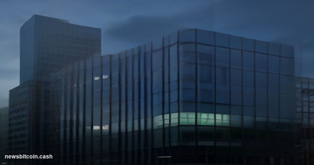 Cinematic photorealistic editorial photograph of the Coinbase San Francisco headquarters exterior at dusk, dramatic side-ligh