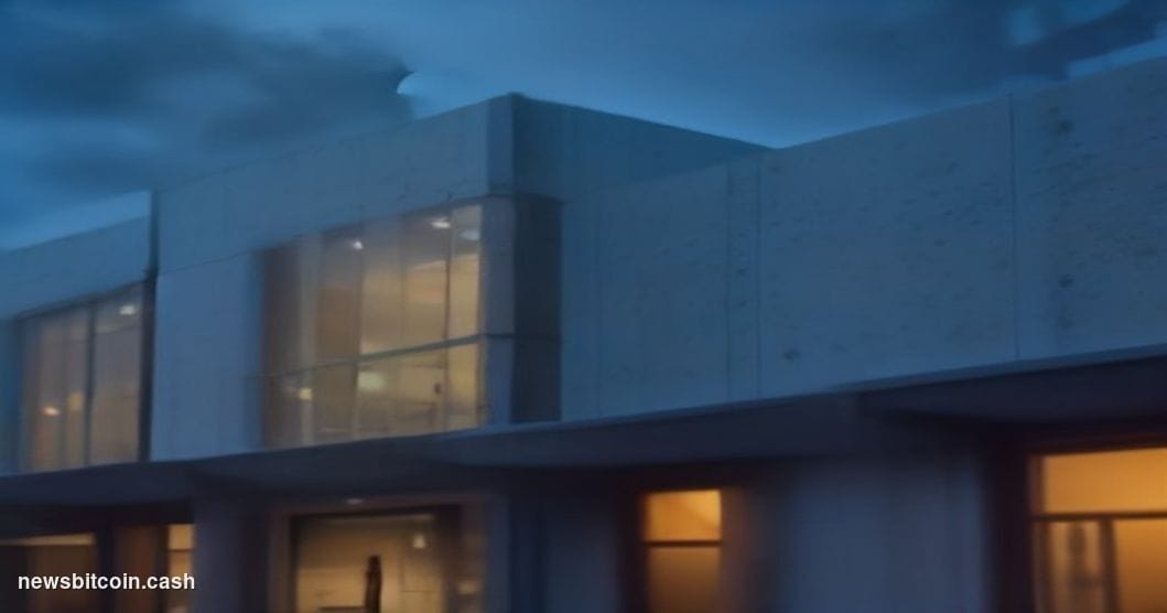 Cinematic photorealistic editorial photograph of the Coinbase San Francisco office exterior at dusk, shot from a low angle lo