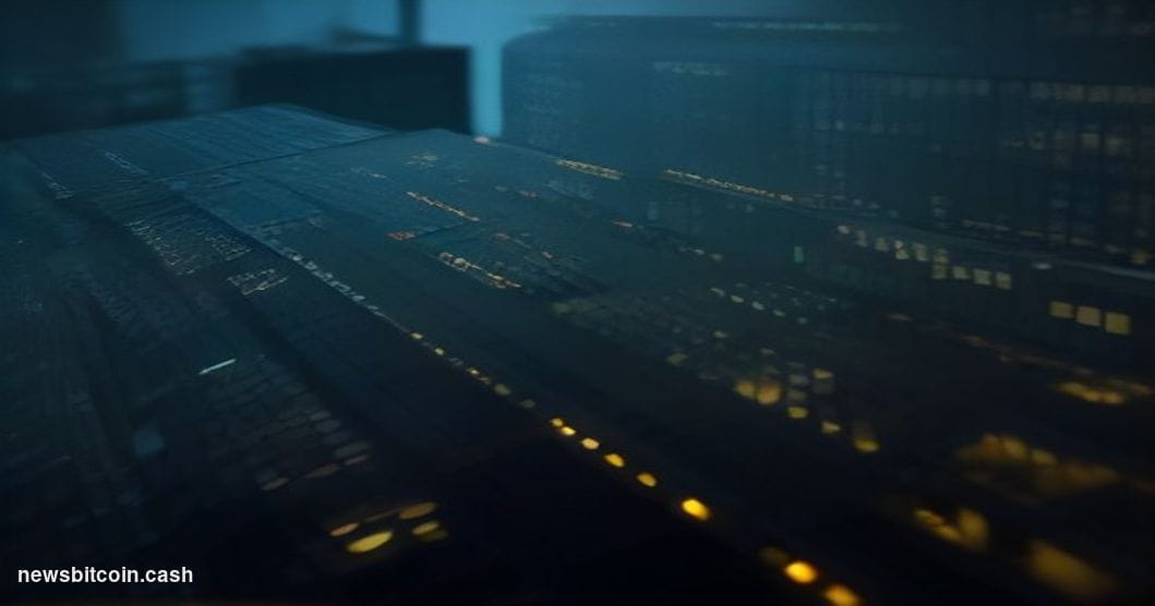 Cinematic photorealistic editorial photograph of Coinbase's San Francisco office exterior at dusk, shot from a low angle look