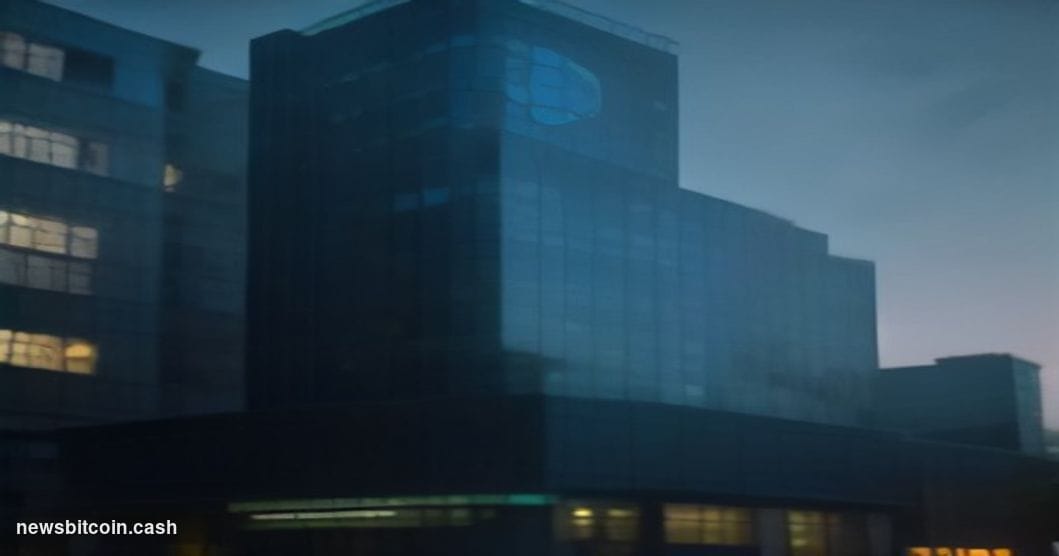 Cinematic photorealistic editorial photograph of the Coinbase San Francisco office exterior at dusk, dramatic low-angle shot 