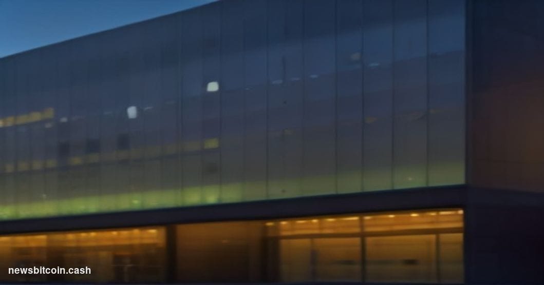 Cinematic photorealistic editorial photograph of the Coinbase San Francisco headquarters building exterior at dusk, dramatic 