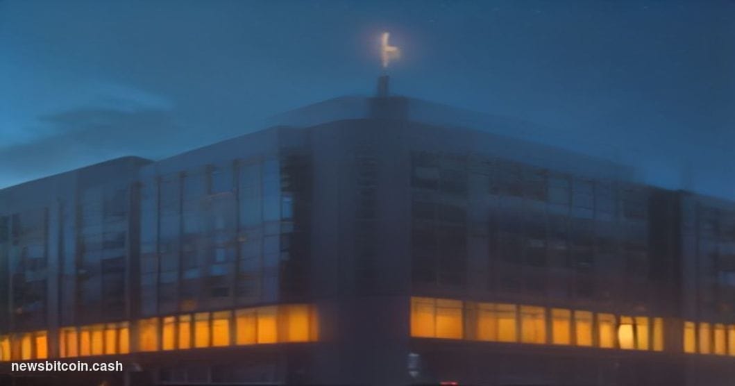 Cinematic photorealistic editorial photograph of the Coinbase San Francisco headquarters exterior at dusk, shot from a low an