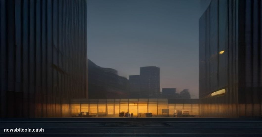 Cinematic photorealistic editorial photograph of two adjacent glass-facade corporate office buildings representing a financia