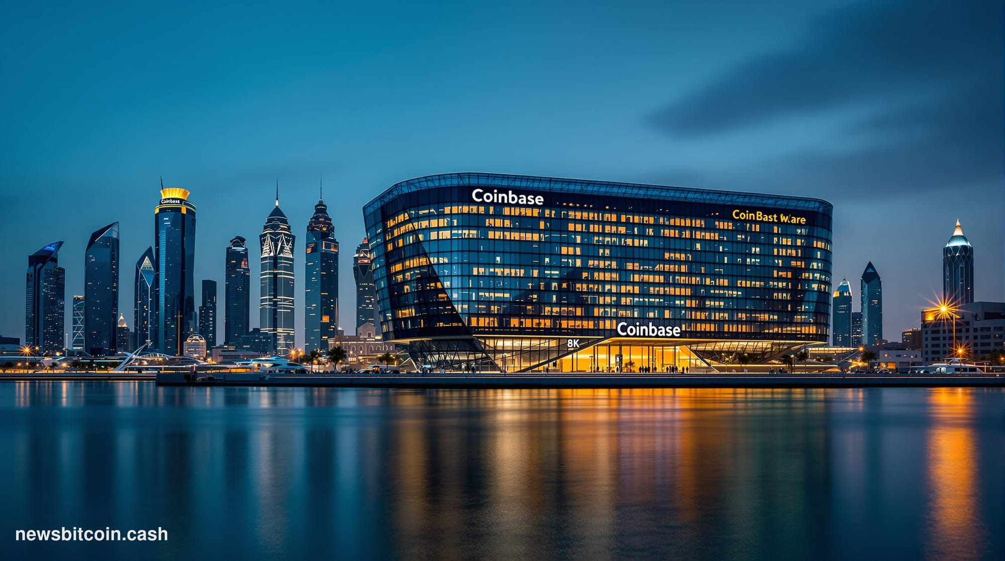Cinematic photorealistic editorial photograph of the Abu Dhabi Global Market Square skyline at dusk, with the distinctive Al 