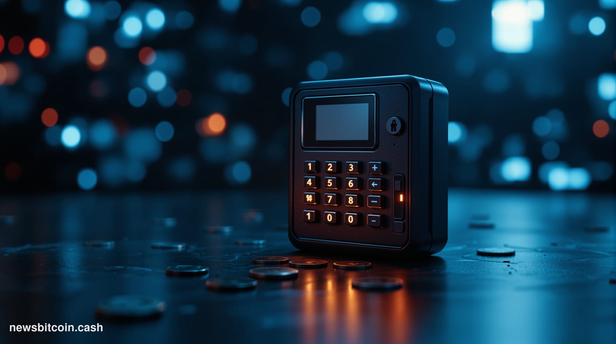 Cinematic photorealistic editorial photograph of a Coldcard Mk4 hardware wallet device sitting on a dark matte black surface,
