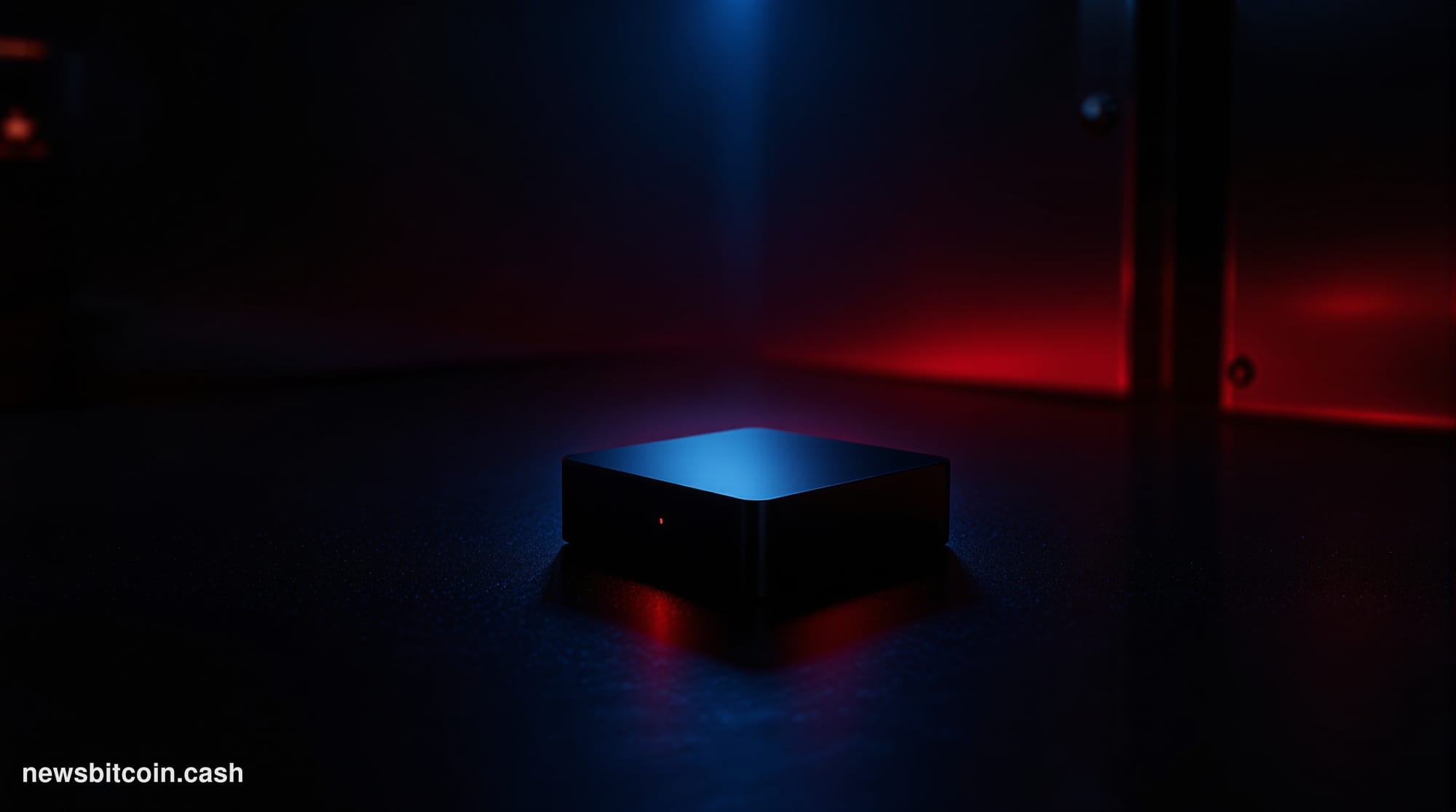 A cinematic photorealistic editorial photograph of a COLDCARD hardware wallet device — a small black rectangular device — res