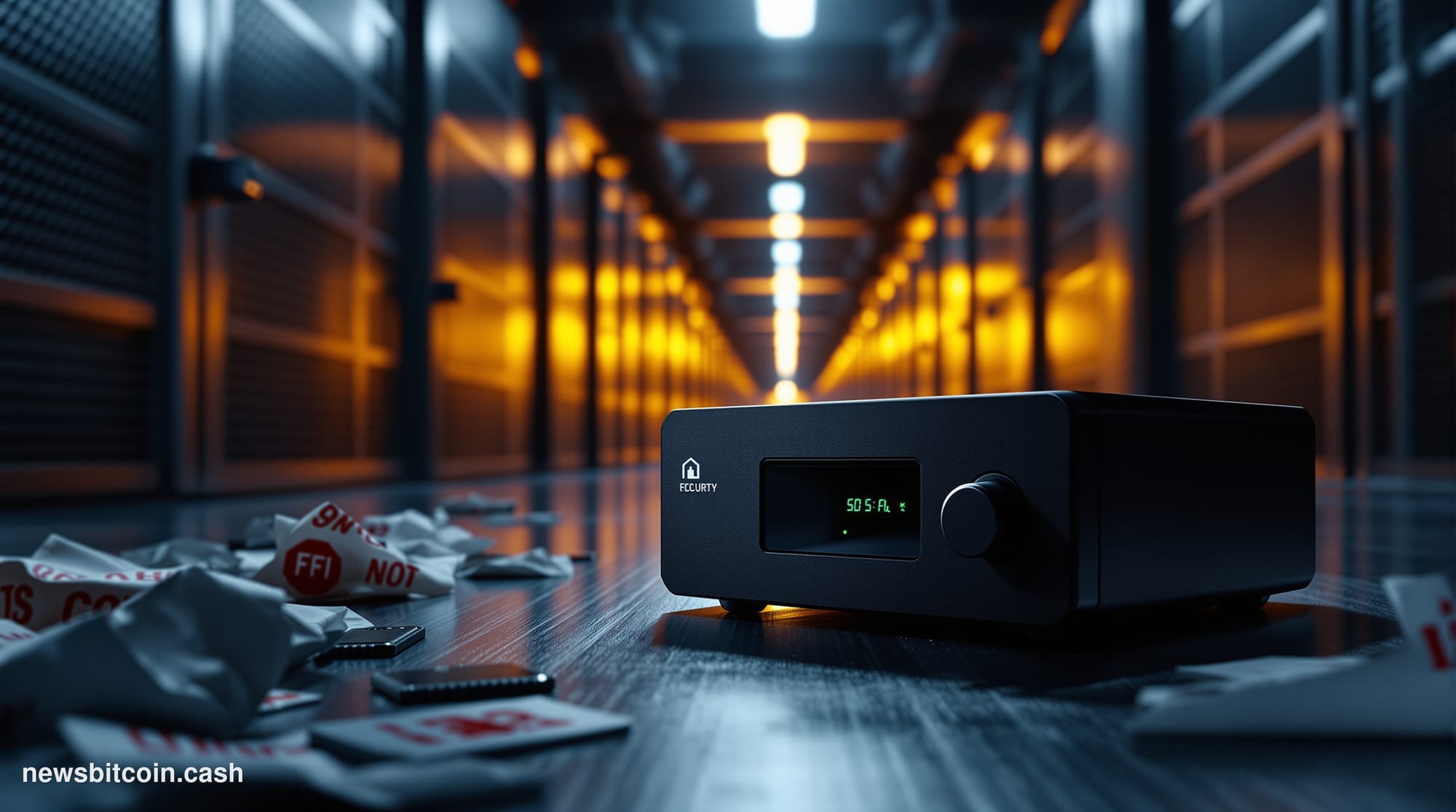 Cinematic photorealistic editorial photograph of a Coldcard hardware wallet device — matte black, compact, with its distincti