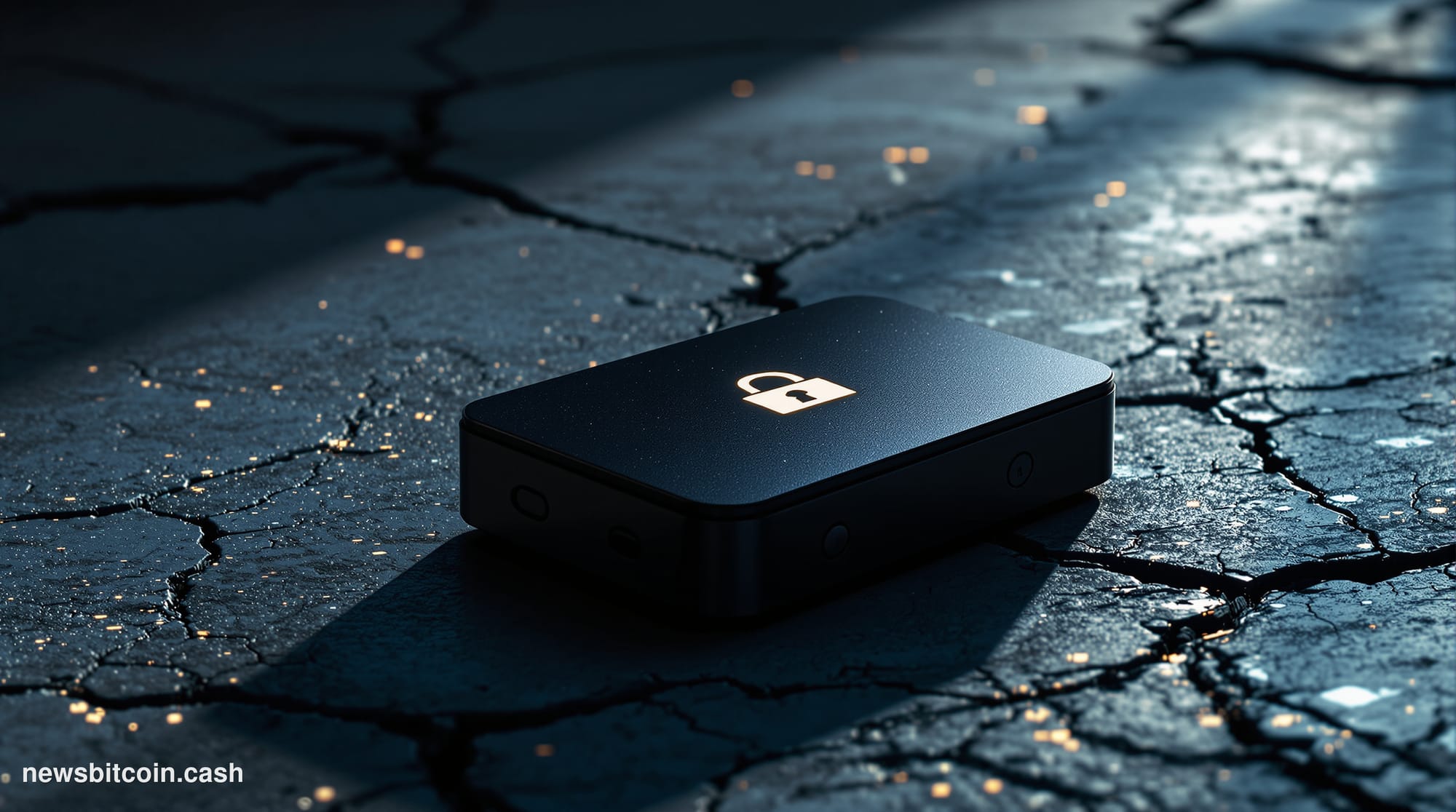 Cinematic photorealistic editorial photograph of a Coldcard hardware wallet — the distinctive black rectangular device with i