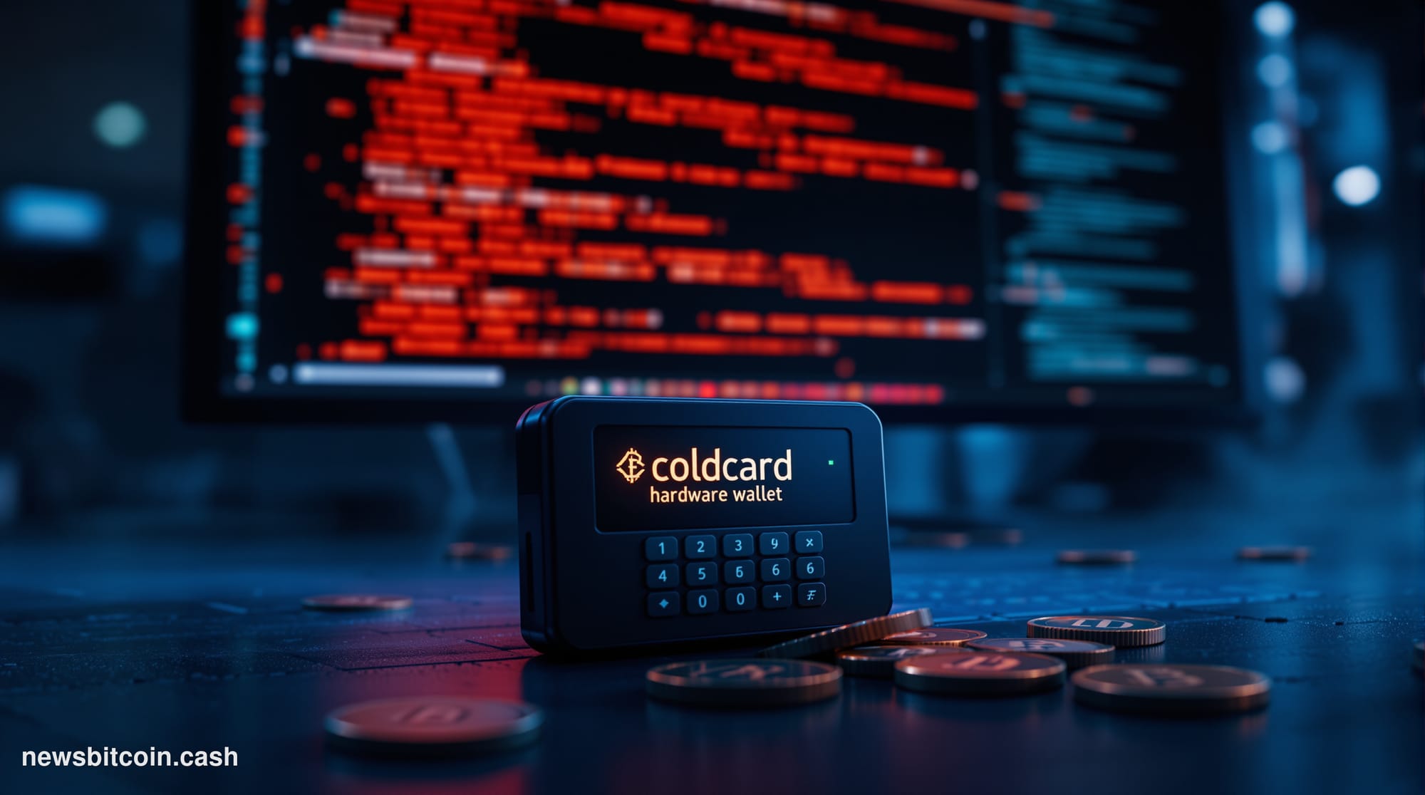 Cinematic photorealistic editorial photograph of a Coldcard hardware wallet device — the small black rectangular device with 