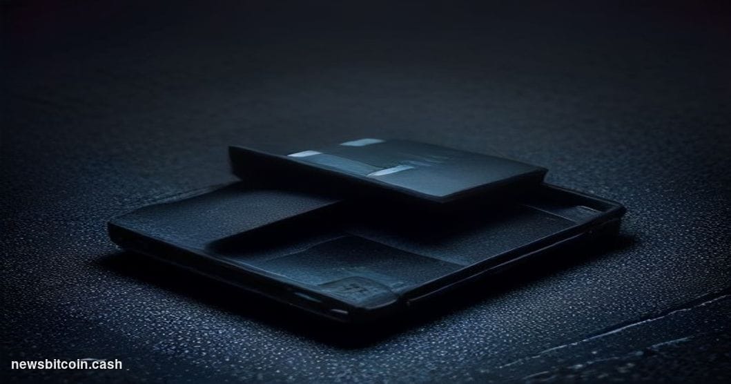 A cinematic photorealistic editorial photograph of a cracked and damaged Coldcard hardware wallet lying on a dark matte surfa