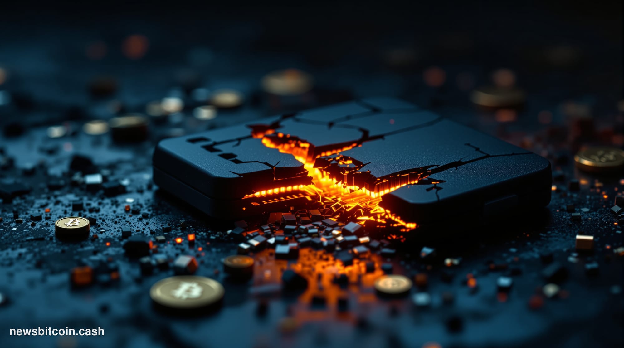 Cinematic photorealistic editorial photograph of a physical Coldcard hardware wallet — matte black device with a small screen