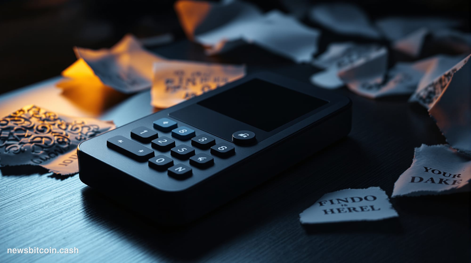 Cinematic photorealistic editorial photograph of a Coldcard hardware wallet — the distinctive black rectangular device with i