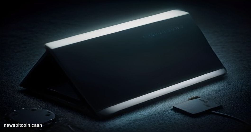 Cinematic photorealistic editorial photograph of a Coldcard hardware wallet device — its distinctive black rectangular form w