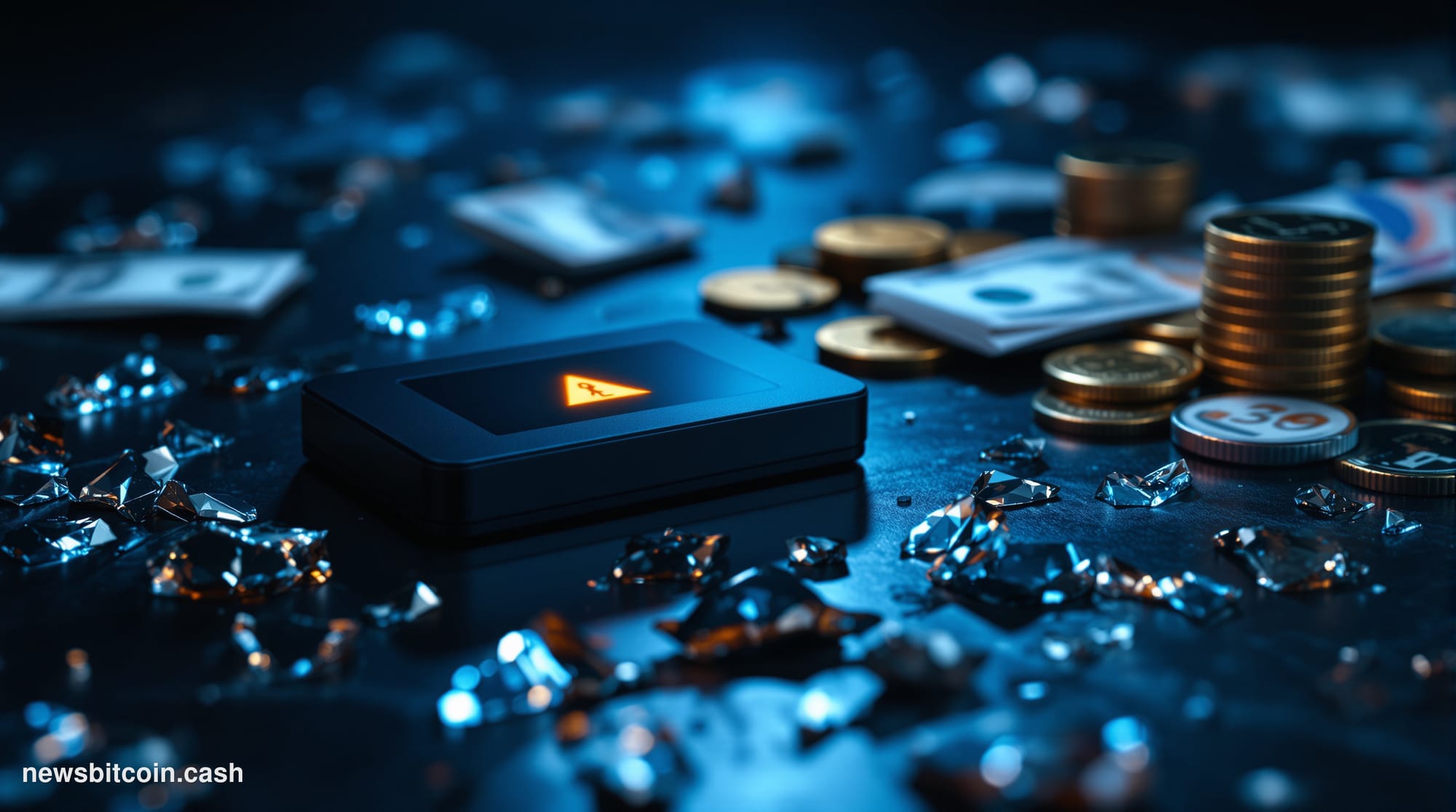 Cinematic photorealistic editorial photograph of a Coldcard hardware wallet device — the small black rectangular metal device