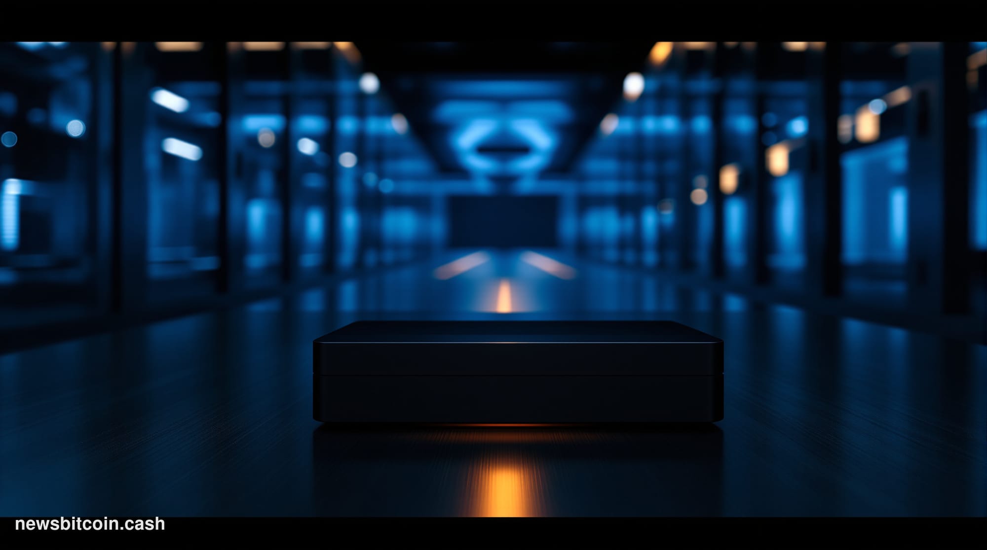 Cinematic photorealistic editorial photograph shot from a low angle looking up at a cold steel server room corridor with dram