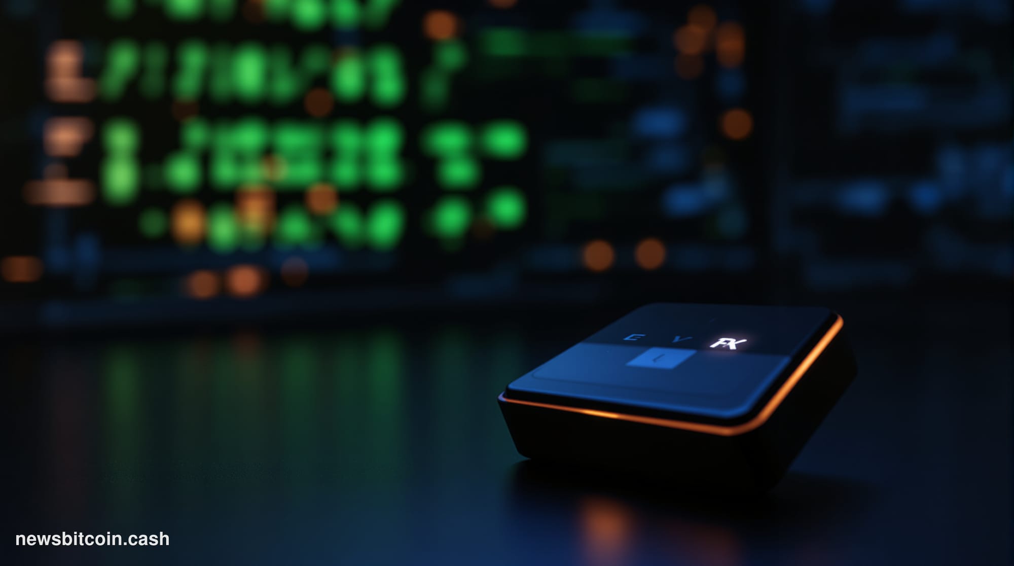 A cinematic photorealistic editorial photograph of a Coldcard hardware wallet device resting on a dark matte surface, dramati