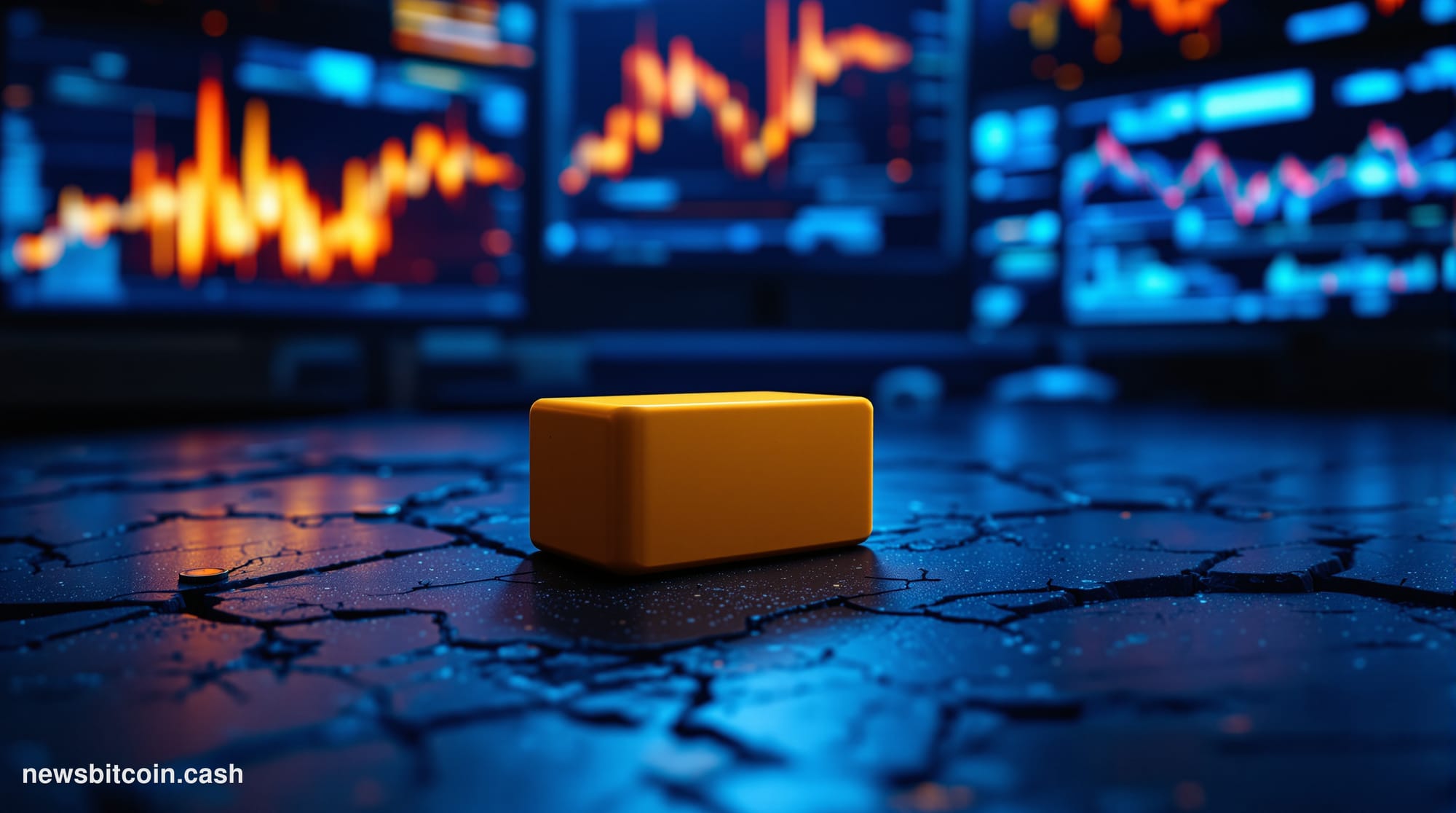 A cinematic photorealistic editorial photograph of a Coldcard hardware wallet device — the distinctive yellow-orange rectangu