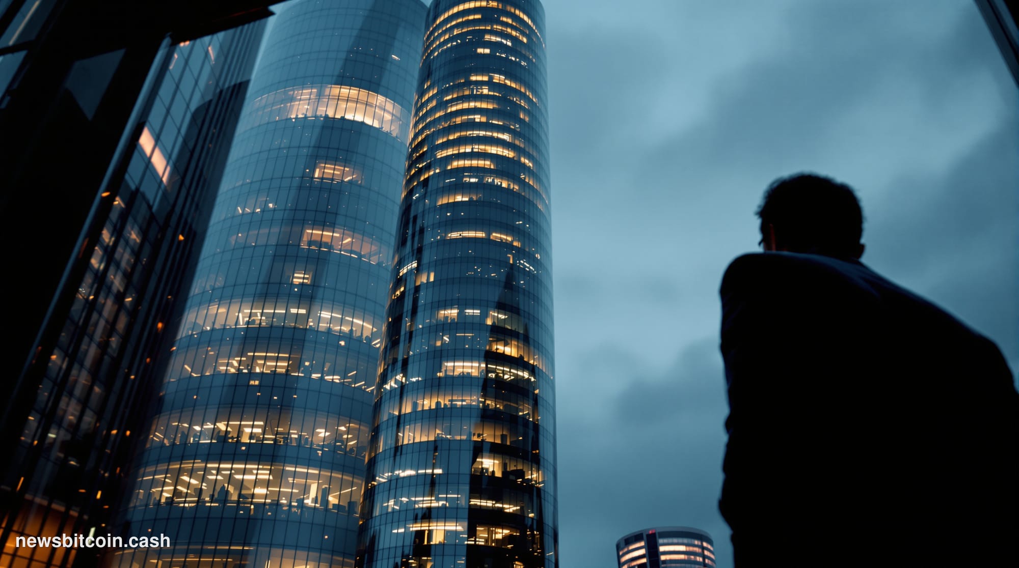 Cinematic photorealistic editorial photograph of Frankfurt's banking district at dusk, with the Commerzbank Tower dominating 