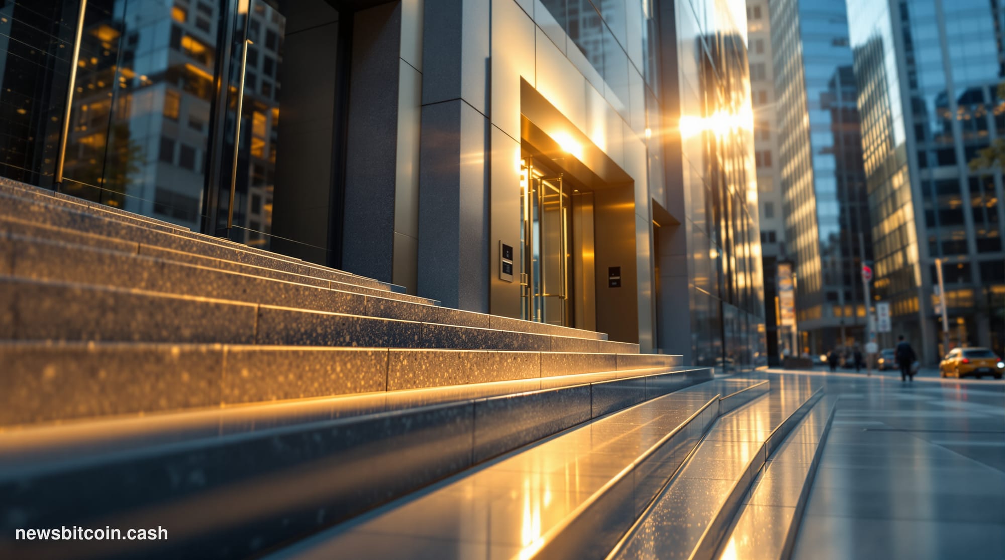 Cinematic photorealistic editorial photograph of the exterior of a sleek, modern financial district office building in New Yo