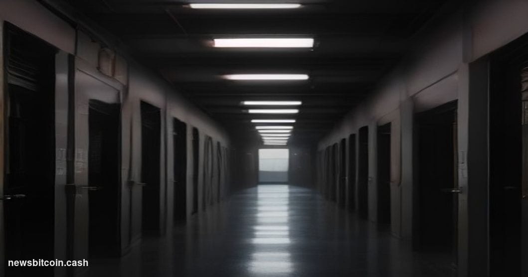 Cinematic photorealistic editorial photograph of a darkened server room corridor shot from a low angle, bathed in deep red em