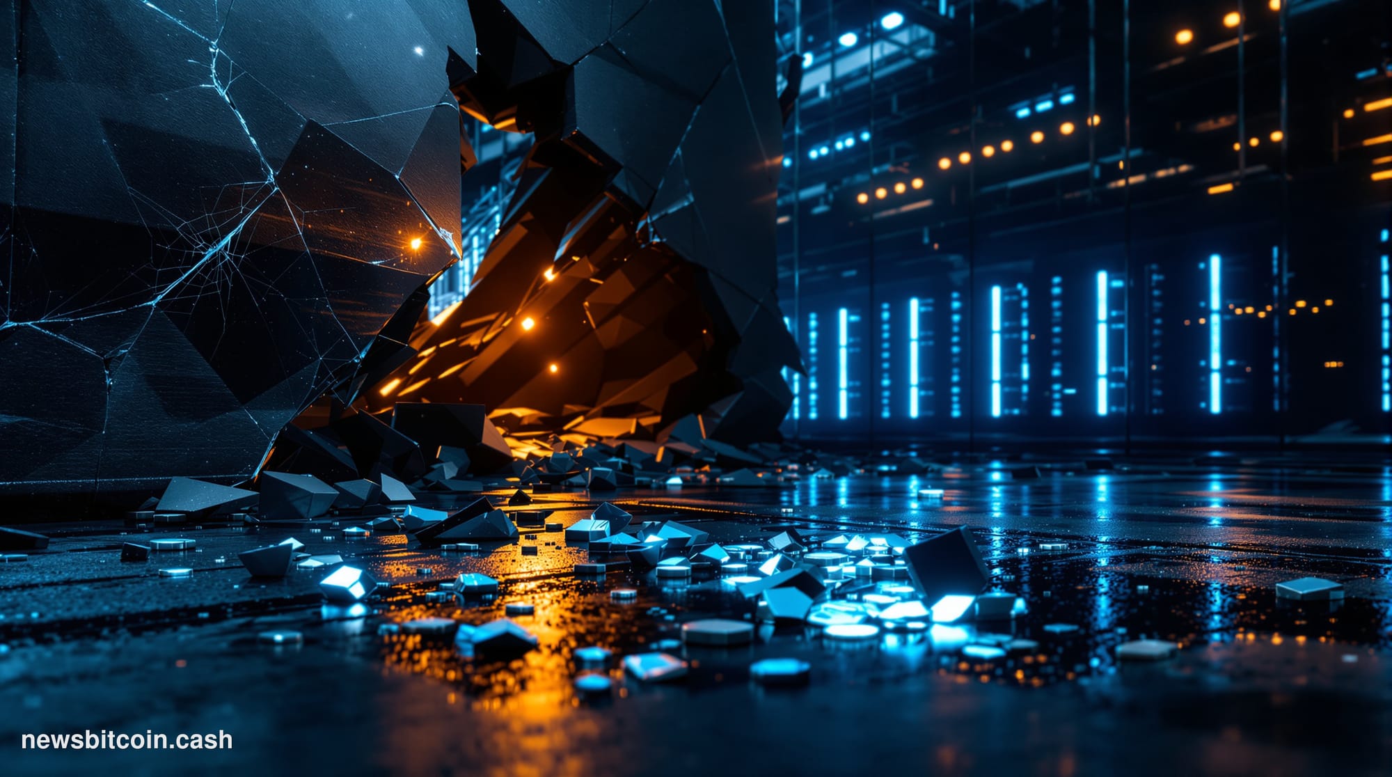 Cinematic photorealistic editorial photograph of a shattered digital bridge structure rendered as physical steel and glass in
