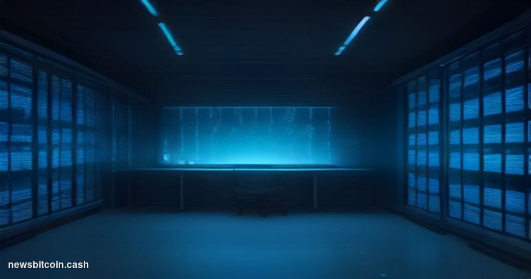 Cinematic photorealistic editorial photograph of a dimly lit server room with a glowing screen displaying cascading green cod
