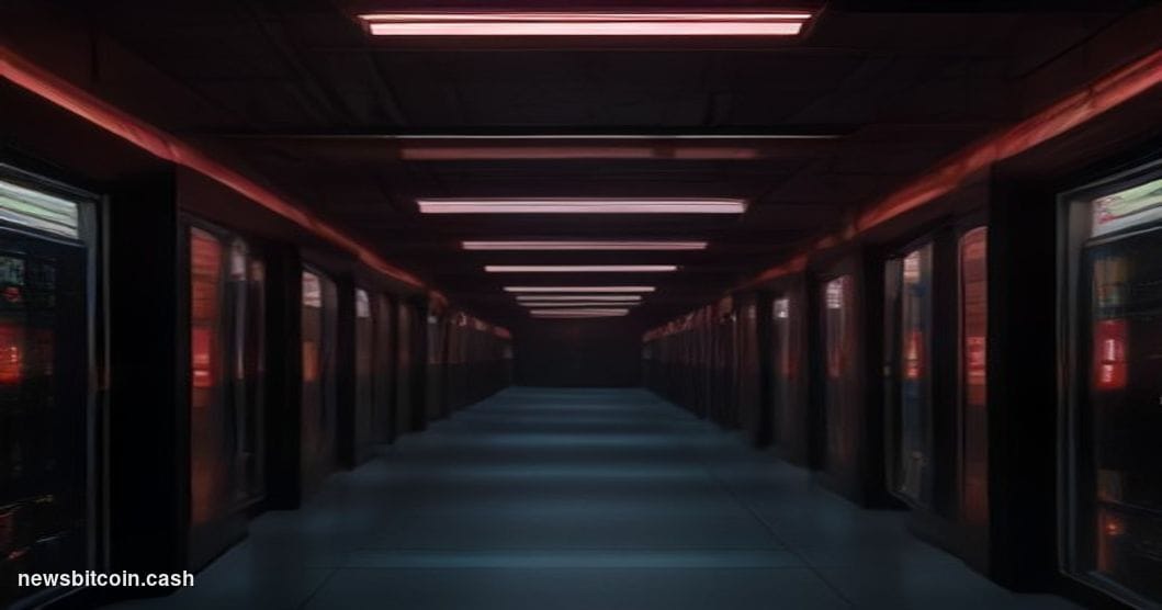 A cinematic photorealistic editorial photograph of a dimly lit server room representing a blockchain network under attack, wi