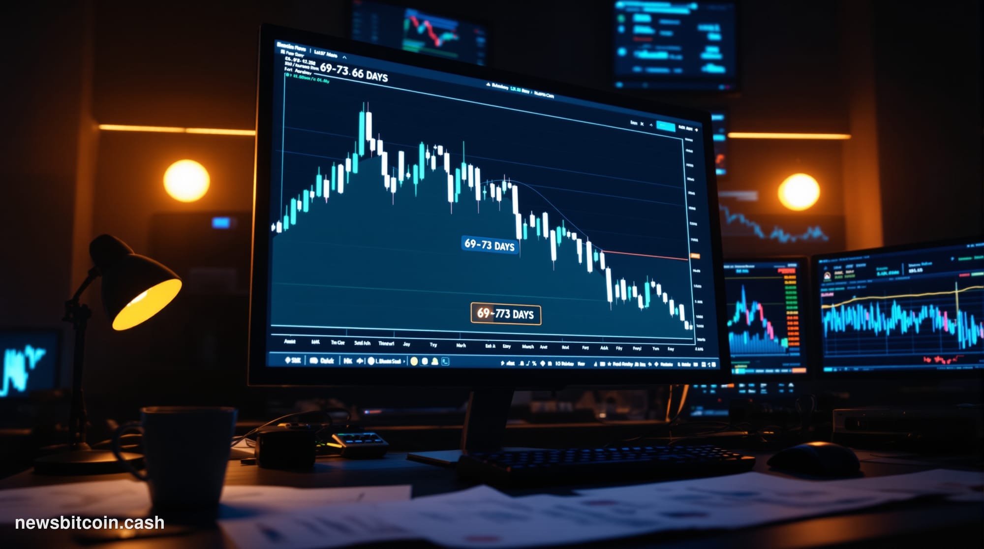 A cinematic photorealistic editorial photograph of a large illuminated digital trading screen inside a dimly lit financial an