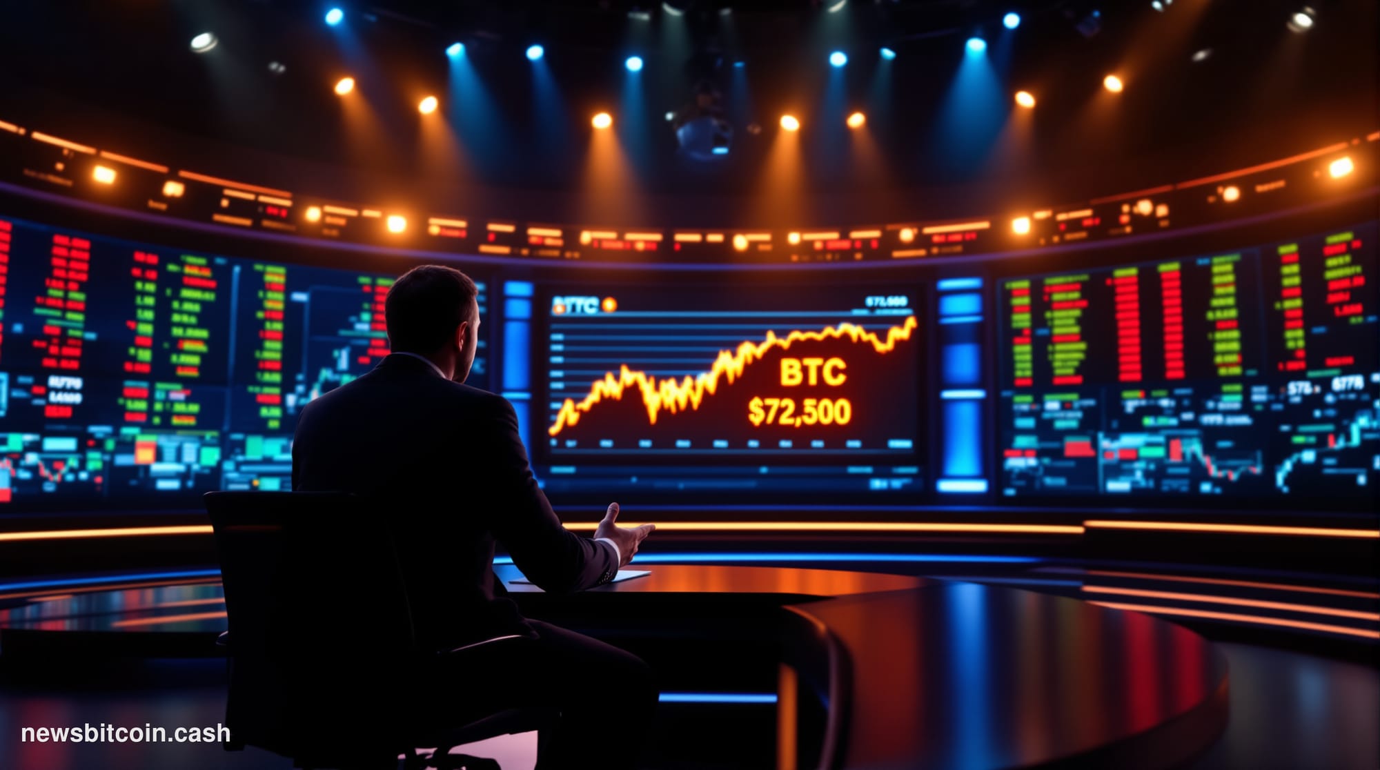 Cinematic photorealistic editorial photograph of a large television studio set at night, modeled after a financial news broad