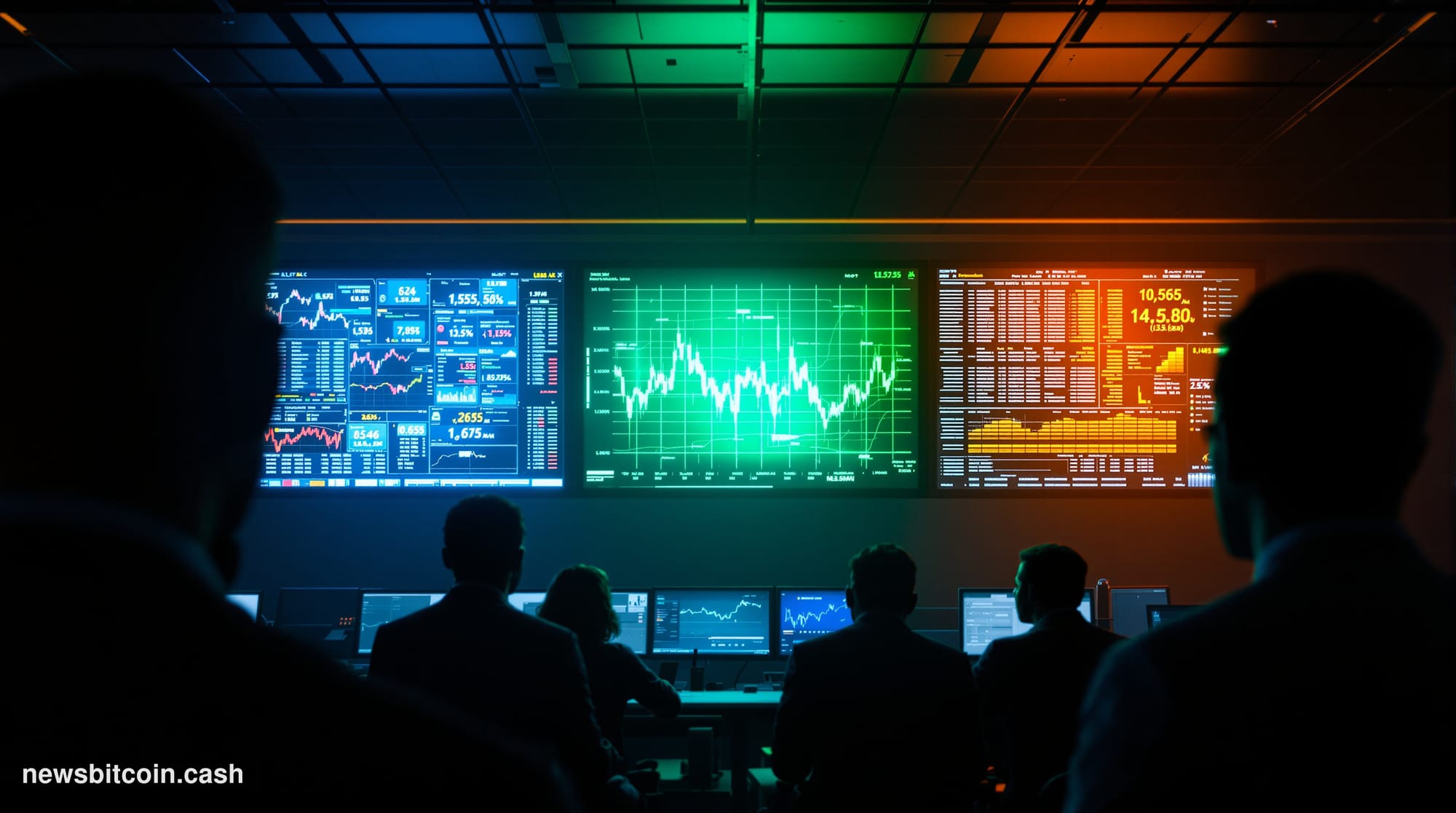A cinematic photorealistic editorial photograph of a dimly lit trading floor, shot from a low angle looking up at three massi
