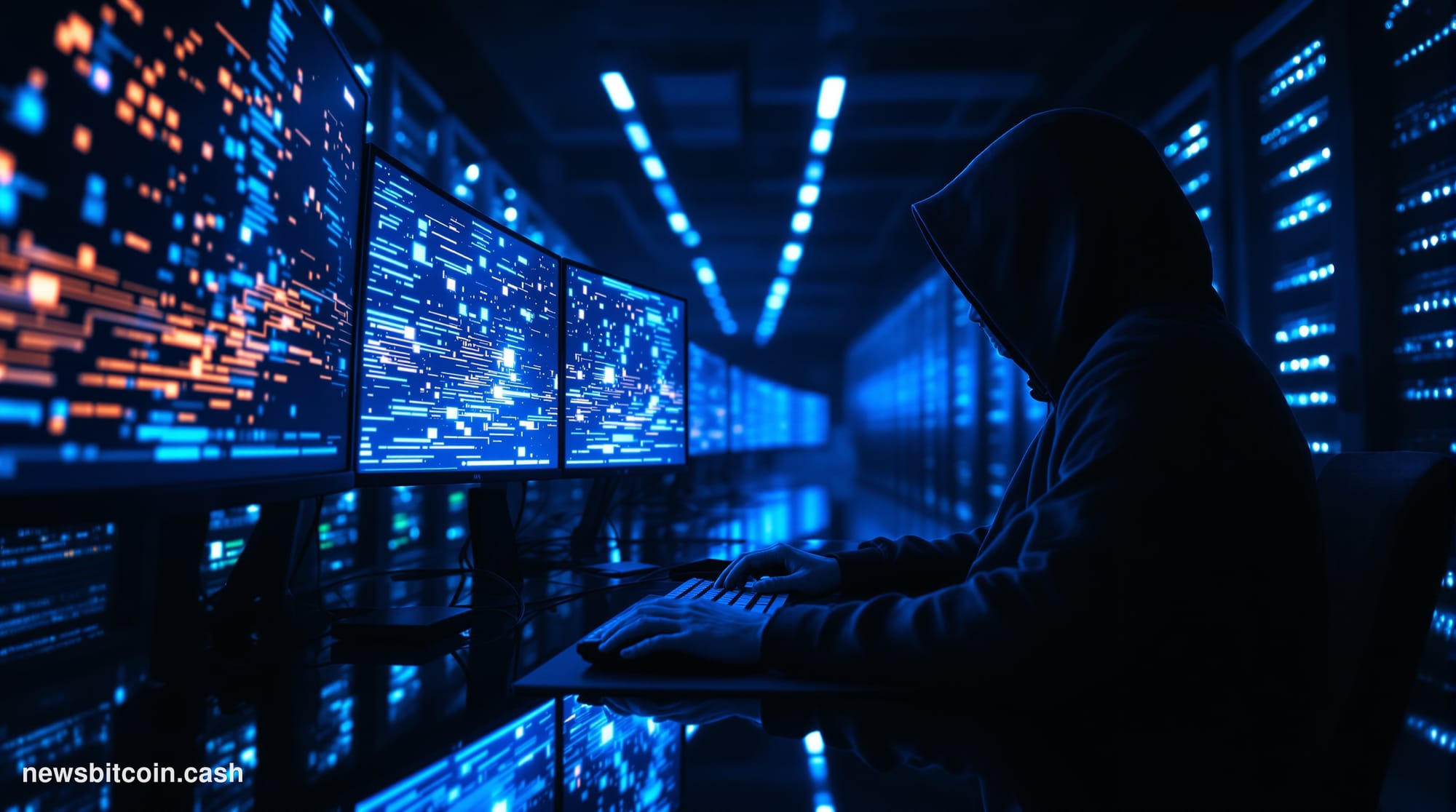 Cinematic photorealistic editorial photograph of a dimly lit server room bathed in cold blue light, with a single hooded figu