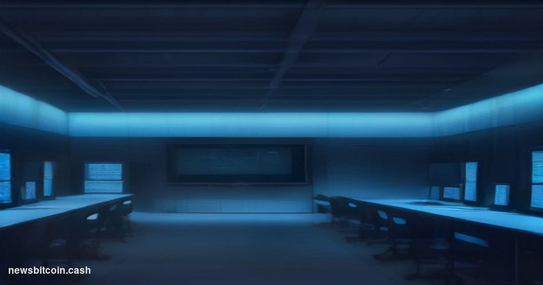 A cinematic photorealistic editorial photograph of a server infrastructure room bathed in deep blue emergency lighting, with 