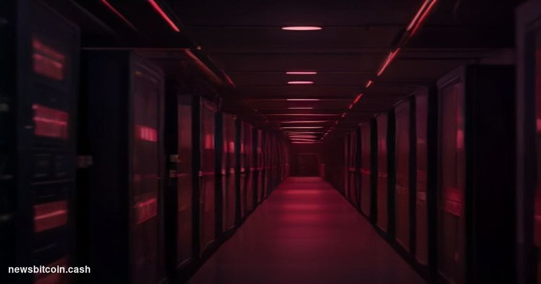 Cinematic photorealistic editorial photograph of a glowing Cronos blockchain network node server room abruptly going dark, wi