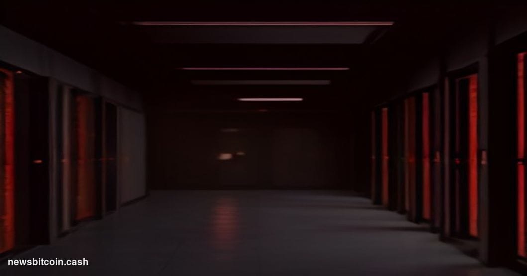 Cinematic photorealistic editorial photograph of a darkened blockchain data center interior, with a single glowing red emerge