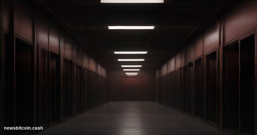 A cinematic photorealistic editorial photograph taken at ground level looking up at a massive server rack corridor bathed in 