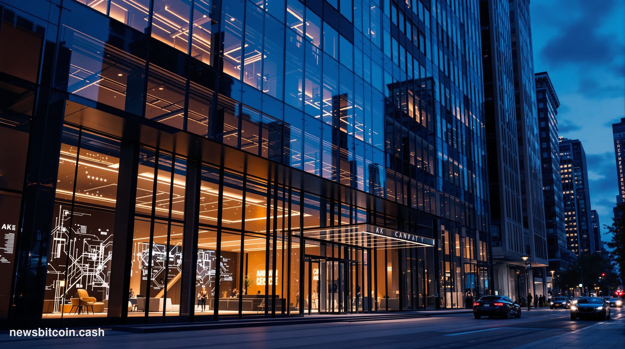 A cinematic photorealistic editorial photograph of the Webull financial platform headquarters exterior in New York City, shot