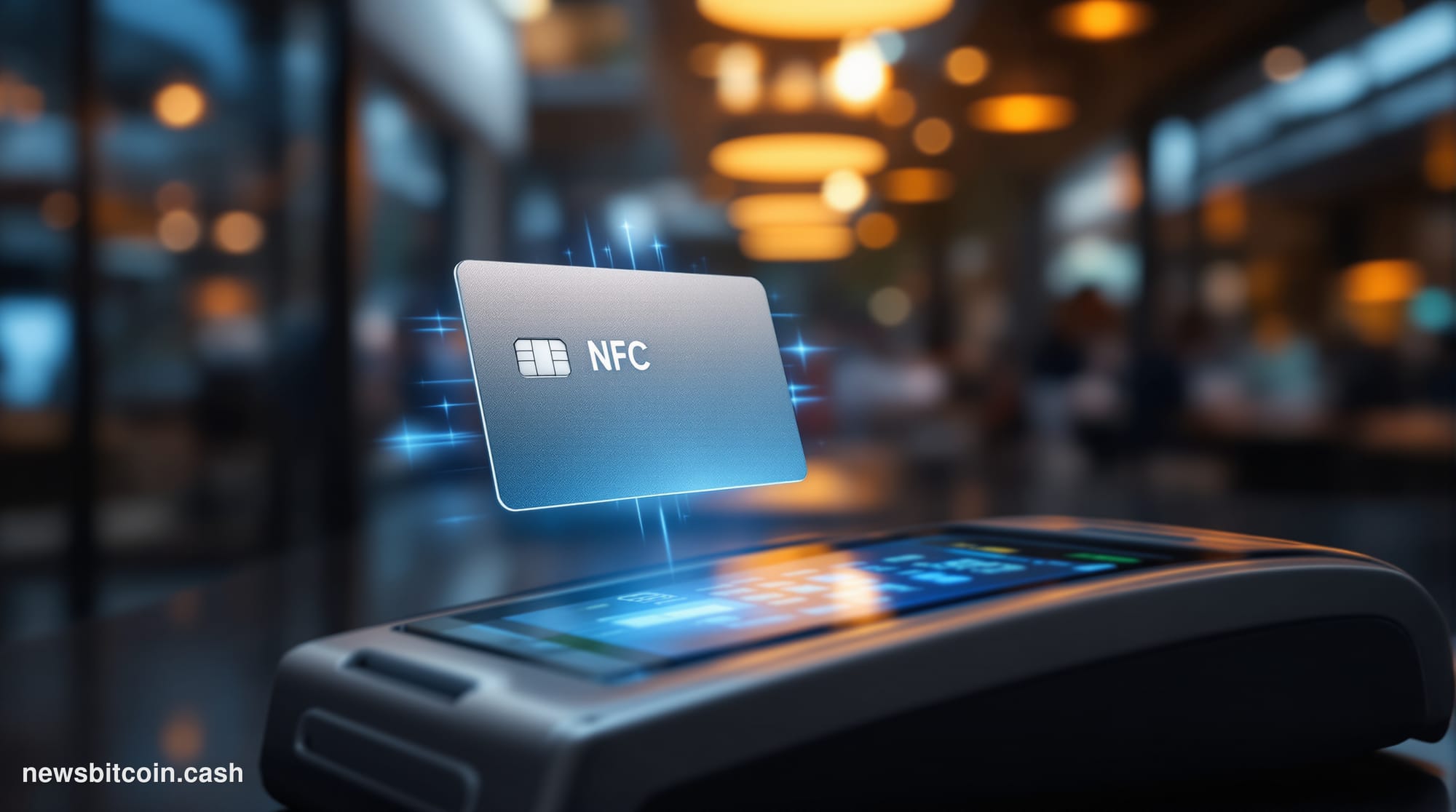 A cinematic photorealistic editorial photograph of a sleek contactless payment terminal on a dark polished retail counter, wi