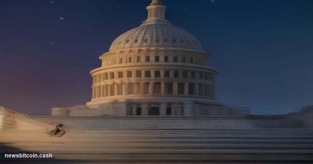 Cinematic photorealistic editorial photograph of the United States Capitol building in Washington D.C. at dusk, shot from a l