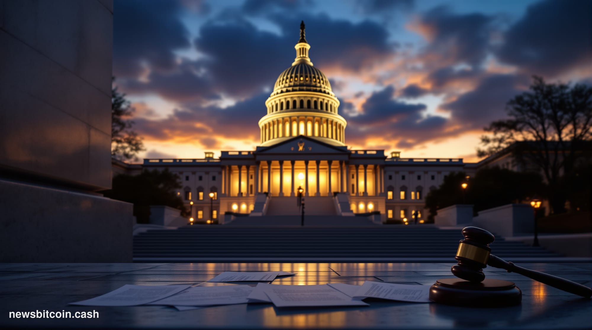 Cinematic photorealistic editorial photograph of the United States Capitol building in Washington D.C. at dusk, shot from a l