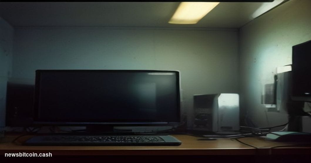 A cinematic photorealistic editorial photograph taken in a dimly lit, retro-styled university computer lab reminiscent of the