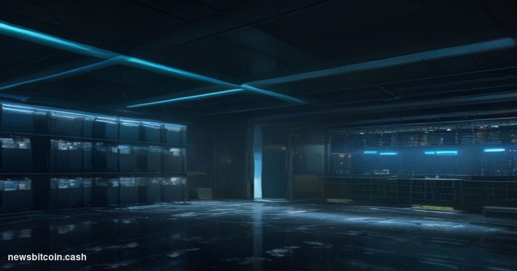 A cinematic photorealistic editorial photograph set in a dimly lit server room with rows of partially illuminated cryptocurre