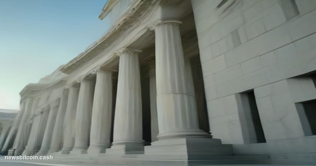 Cinematic photorealistic editorial photograph of a stone government regulatory building facade — modeled on Washington D.C.'s
