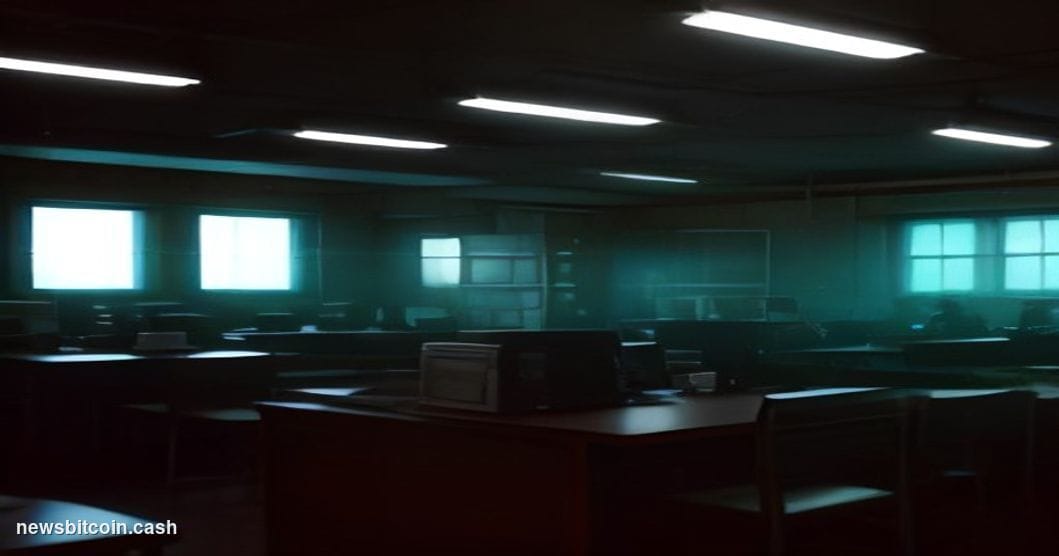 A cinematic photorealistic editorial photograph set in a dimly lit, retro-styled university computer lab reminiscent of 1990s